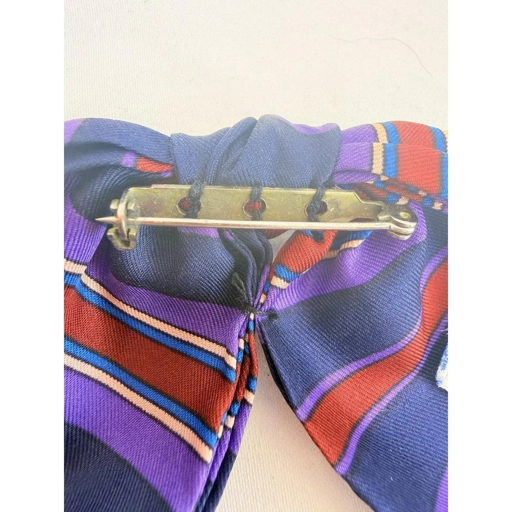 Vintage Symphony Scarfs Silk Bow Brooch Pin 70s Purple Stripe‎ Secretary USA
